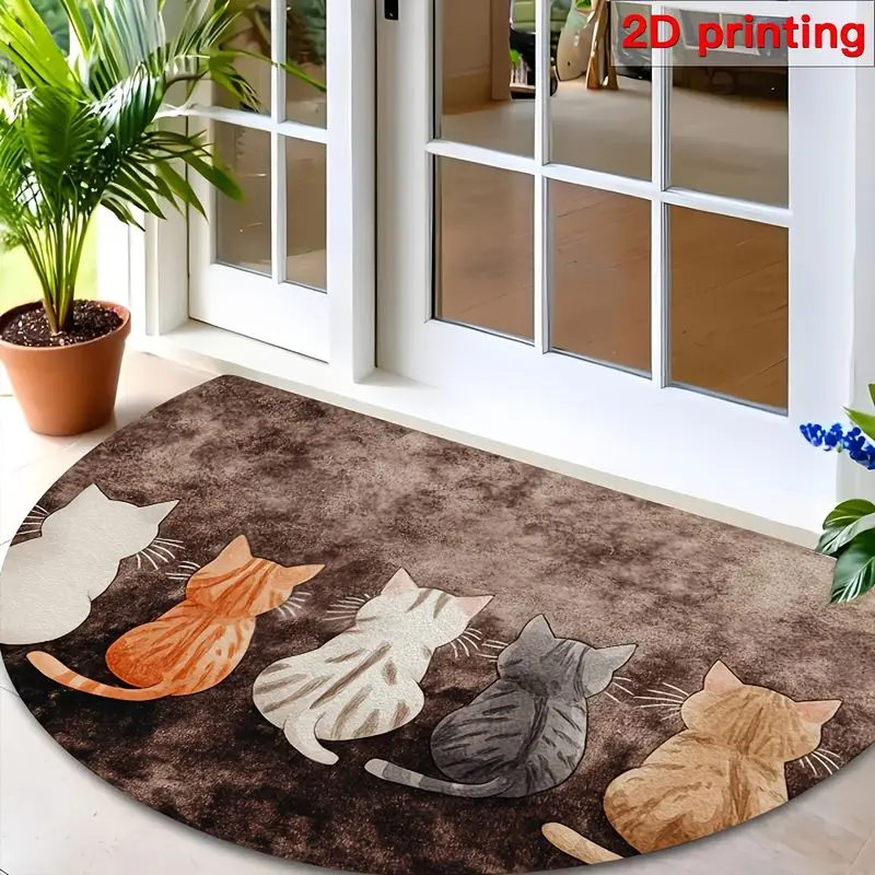 VIKAMA Cute Cat Rug Five Kittens Half Round Doormat Brown Semicircle Small Area Rug Floor Mat for Bedroom Nursery Home Decor