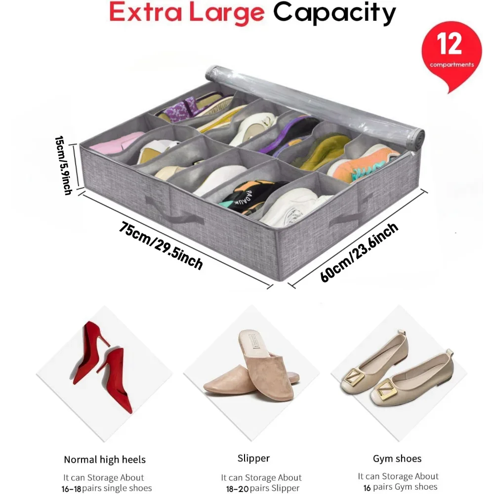 Shoe Storage Organizer box for Under Bed, Fit 12 Pairs, Collapsible Closet Underbed Shoes Container Bags with Reinforced Handles