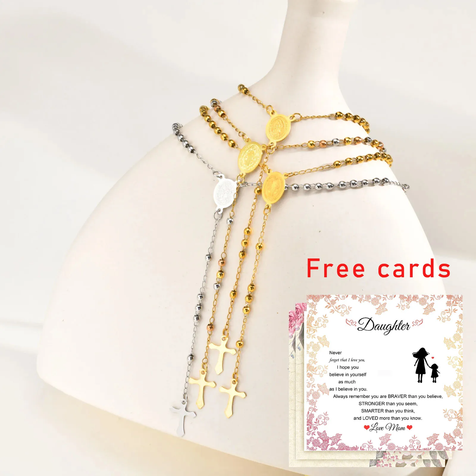 

1Pcs Elegant Rosary Necklace, Religious-Style Cross Pendant, Stainless Steel Women's Jewelry Gift, Includes Card, Can Wholesale