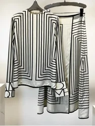 Striped Women Skirt Sets Long Sleeves Casual Fashion O-Neck Blouse Summer Chiffon Zipper Skirt Two Pieces