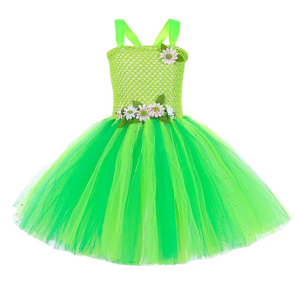 Disney Tinker Bell Princess Halloween Cosplay Girls Party Green Flower Fairy TinkerBell Dress Elf Costume Glitter Butterfly Wing