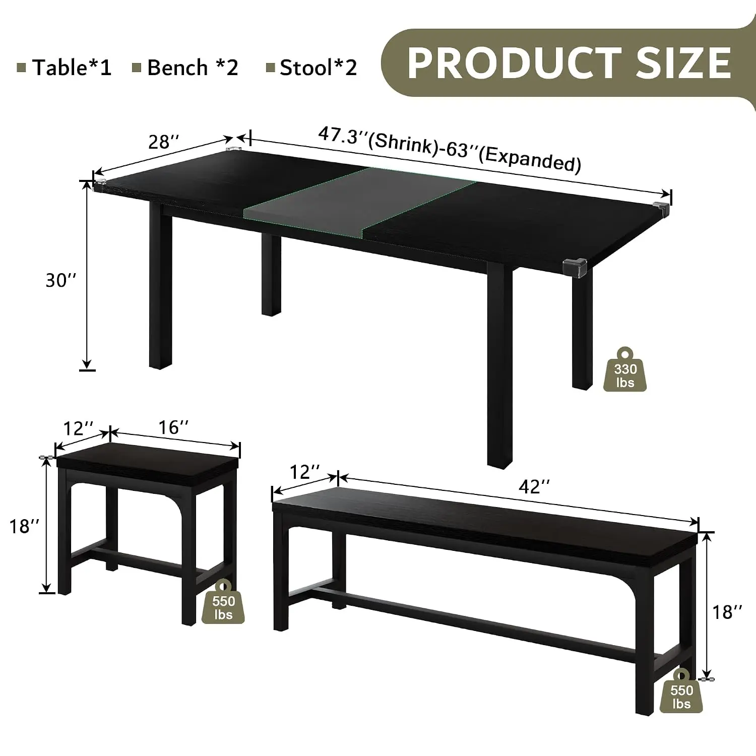 Extendable Dining Table Set for 4-8 with 2 Benches & 2 Stools, Mid-Century Metal & MDF, Space Saving, Black, Customized