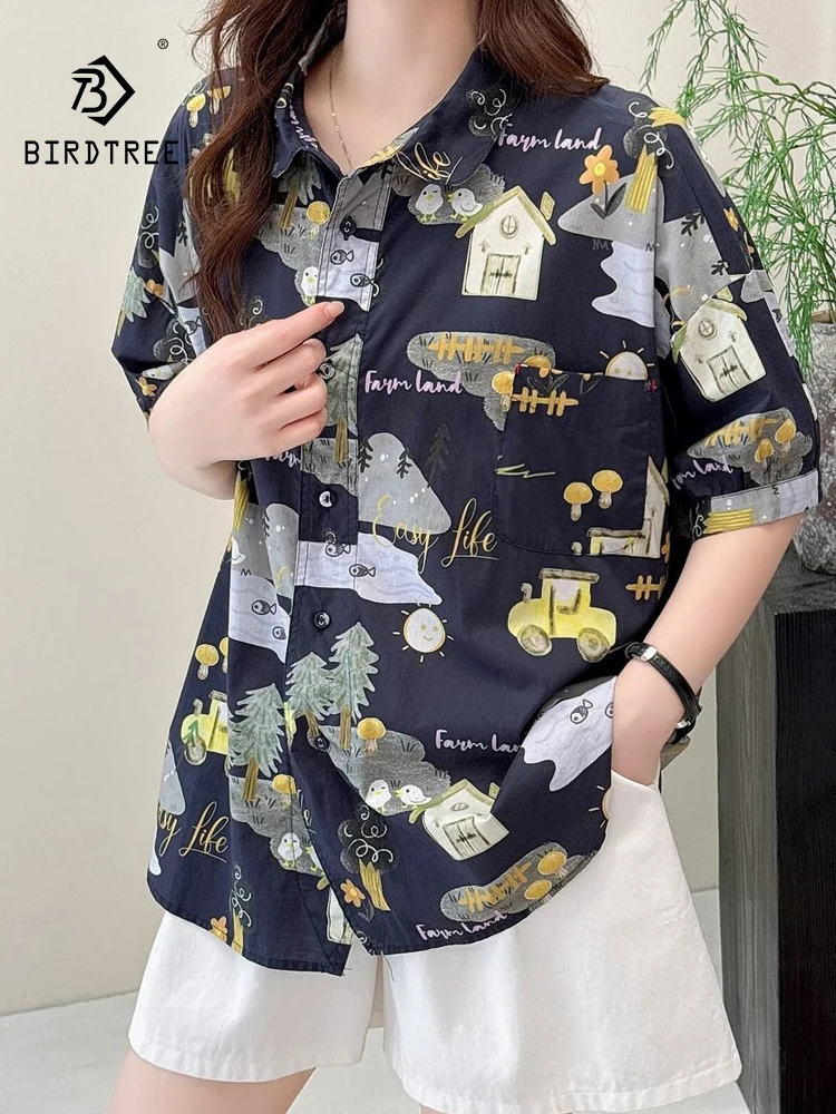 

New 2026 Summer Women Cotton Short Sleeve Shirt, Turn-down Collar Print, Mori Girl Fashion Age Reduction Loose Blouse T63953CC