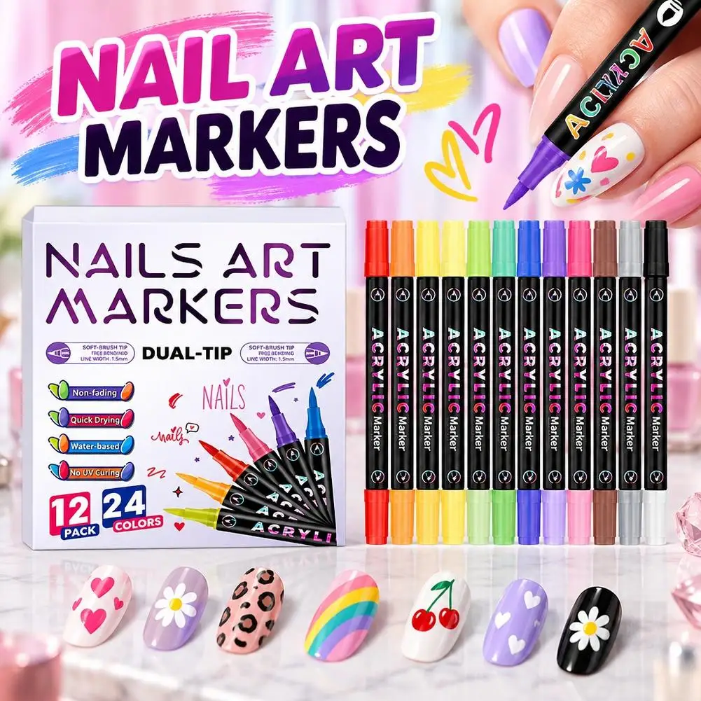 Double Headed Nail Art Pen Nail Graffiti Acrylic Paint Pen Two Tone Nail Carving Hook Pen Quick Drying Waterproof Non Fading