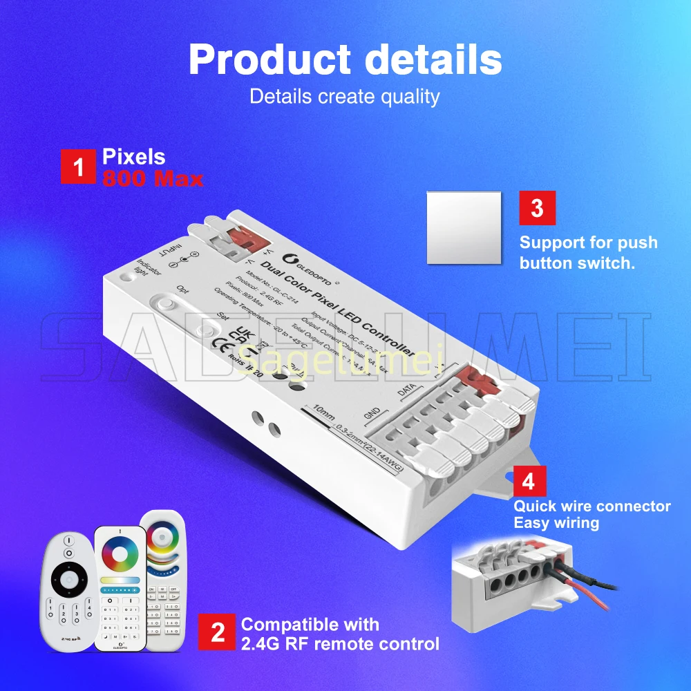 GL-C-214 GL-RC-009/006Z 2.4G RF Pixel LED Controller Dual Color WWCW Dimmer White Light Dynamic Wago Connect Port Horse Racing