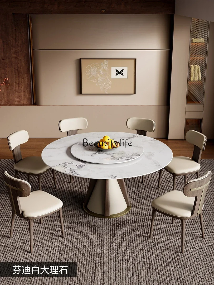Natural marble dining table high-end Italian light luxury medium and ancient style household with turntable