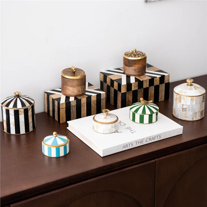 Indian handmade geometric striped color shell beef bone storage go wood jewelry box with lid decorative box