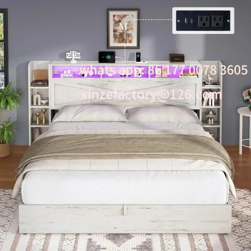 

Customizable Queen Size Lift Up Storage Bed Frame, 45.1" LED Bed Frame with 2 Side Shelves & Bookcase Headboard, Farmhouse