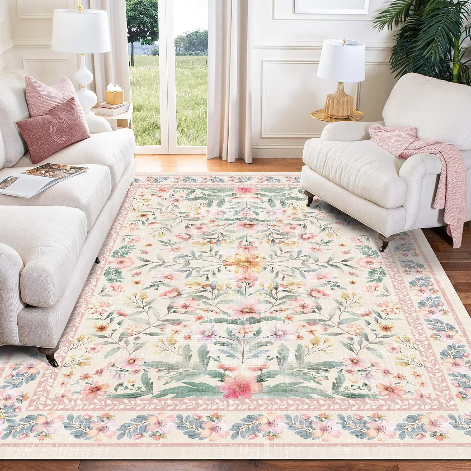 Modern Parisian Garden Floral Green Rug for Living Room Floral Aesthetic Ornate Home Decor Anti-slip Washable Floor Mat Door Mat