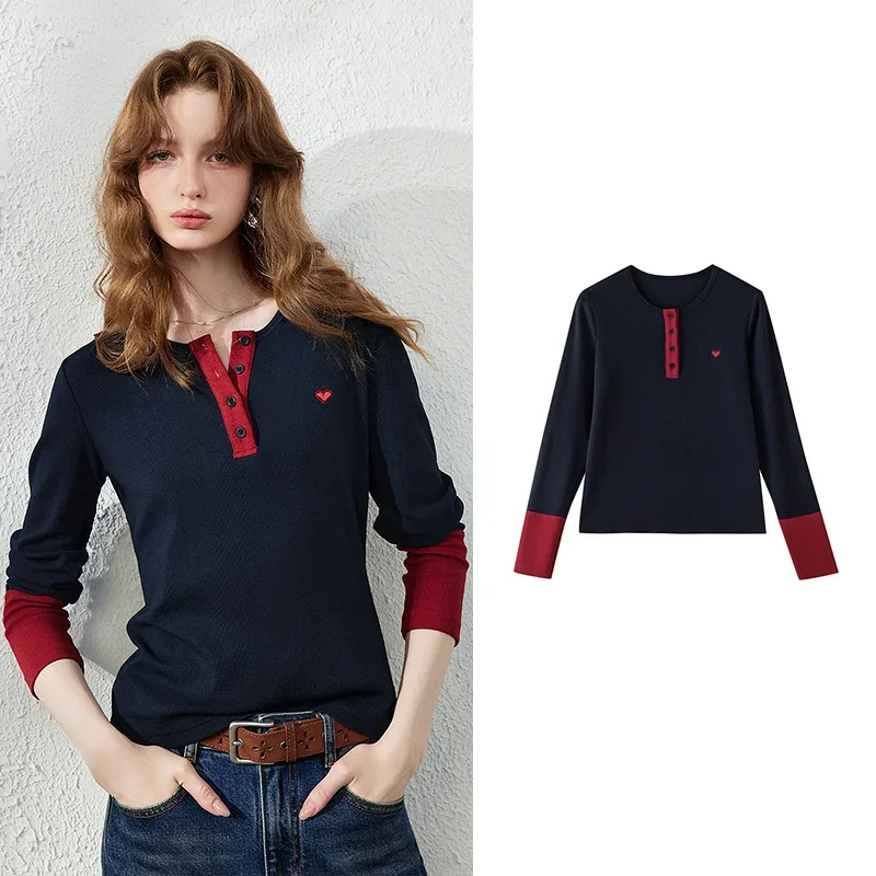2026 Autumn New Product: Women's Heart Embroidered Color Contrasting Base Shirt Soft Breathable Slim Fit Stacked T-shirt Top