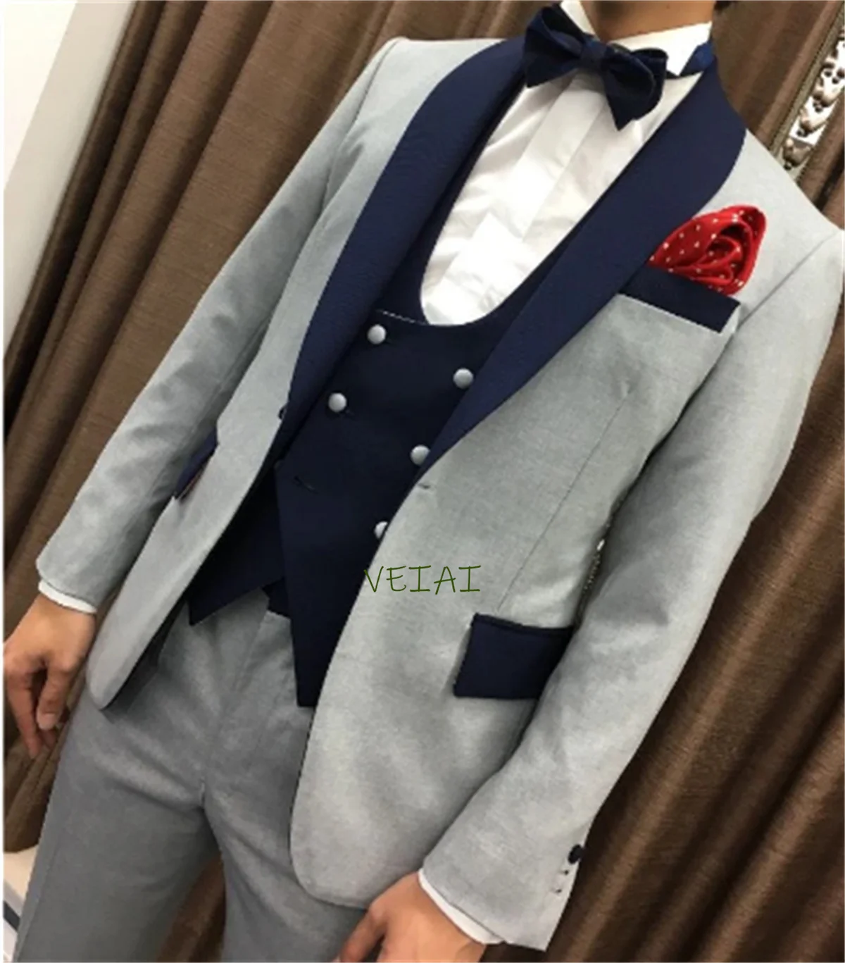 

CustomizedGray Wedding Groom Tuxedo with Navy Shawl Lapel 3 piece Prom Men Suits Double Breasted Waistcoat Jacket with Pants Man