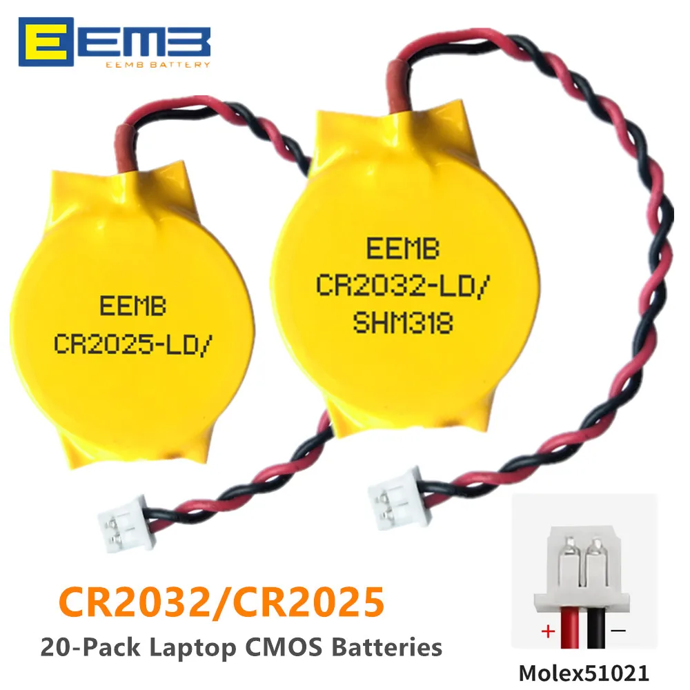 20-Pack CR2032 Batteries with Wire Leads for Asus Dell Laptop Motherboards RTC, BIOS Clock, CR2025 CMOS Batteries