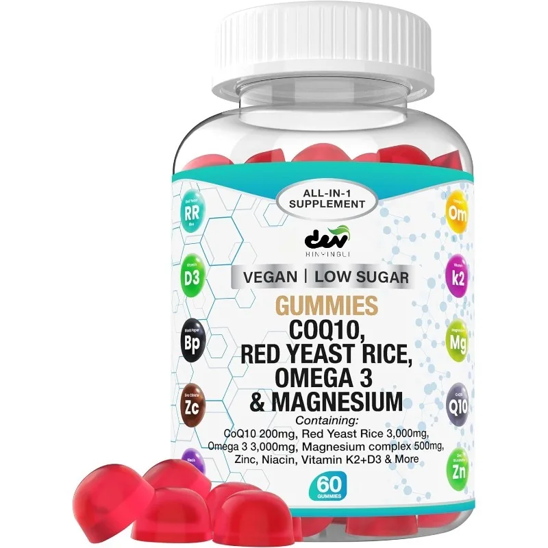 El gomitas CoQ10 contiene arroz con levadura roja, glicónato de magnesio Omega-3, zinc y vitamina K2+D3, 60 cápsulas