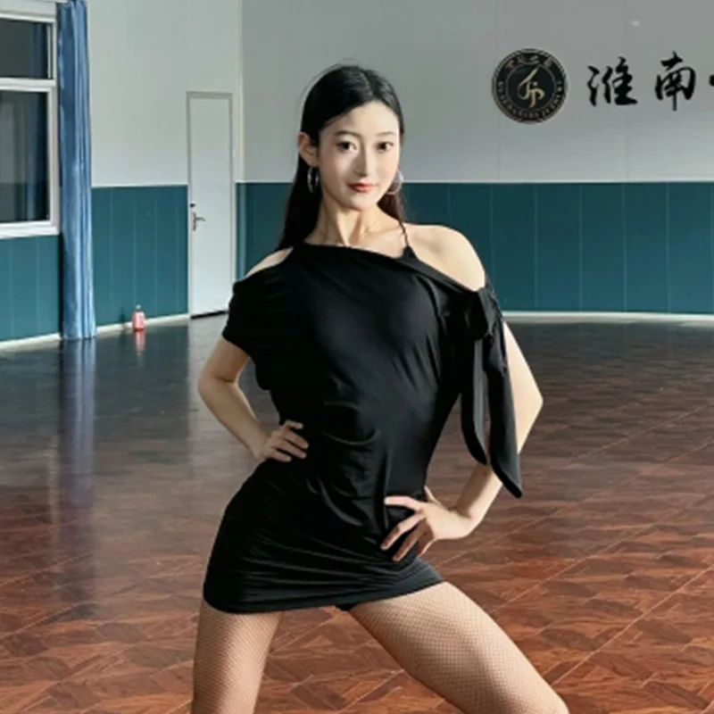 

Black Latin Dance Dress Women Slant Shoulder Sexy Wrap Hip Short Dress Rumba Samba Dance Practice Clothes Club Wear DNV23993