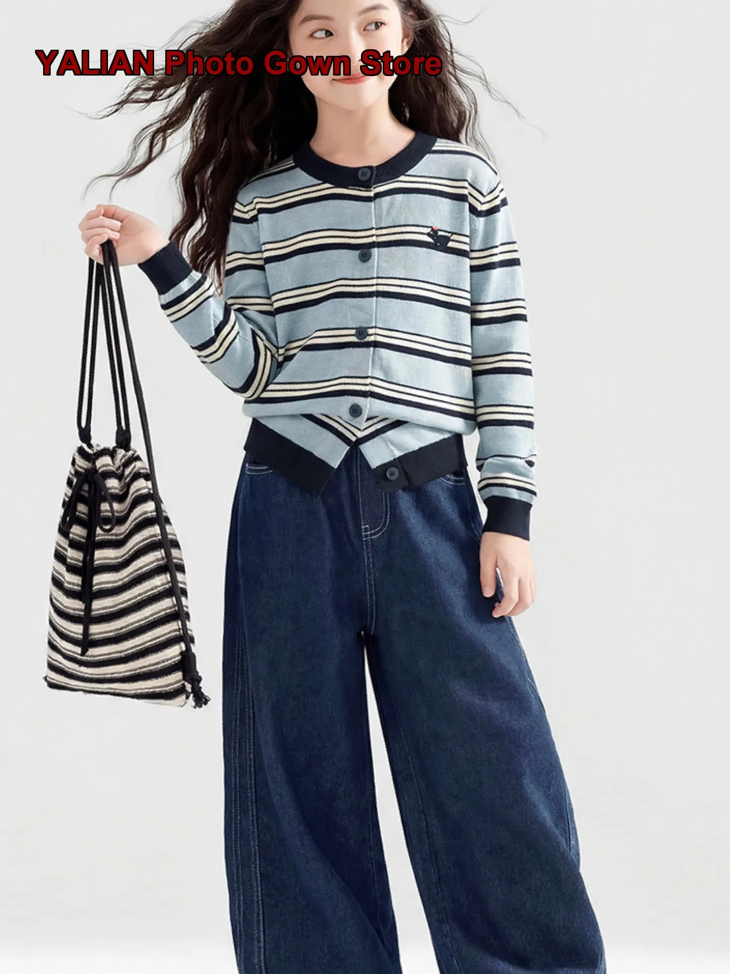 Girls Knit Cardigan Spring Autumn Thin Breathable Tops Solid Color Two-Piece Set Older Kids