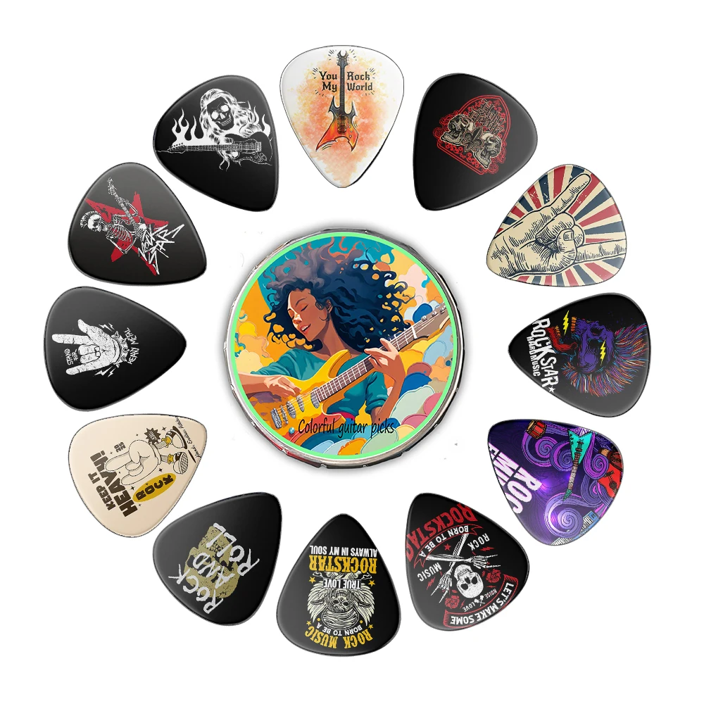 

12PCS Unique Colorful Printed Guitar Picks Set with Metal Box Durable Plectrums for Electric And Bass Guitar Accessories Gift
