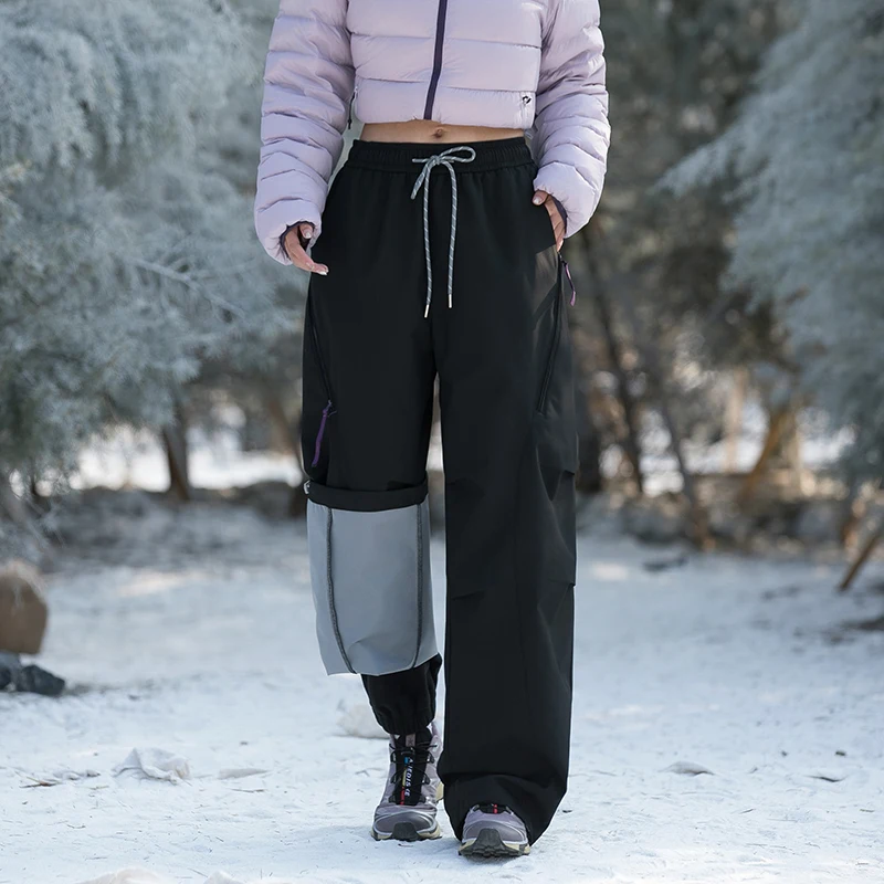 Women 3‑in‑1 Hiking Pants Windproof Waterproof Removable Fleece Liner Elastic Drawstring Pockets Men Wide Leg Outdoor Trousers