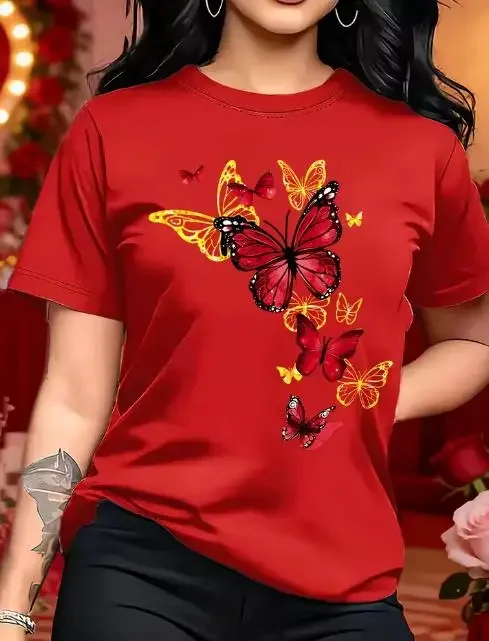 New T-shirt with Butterfly Pattern Print Round Neck Golden Element Design Exquisite and Gorgeous Breathable and Lightweight