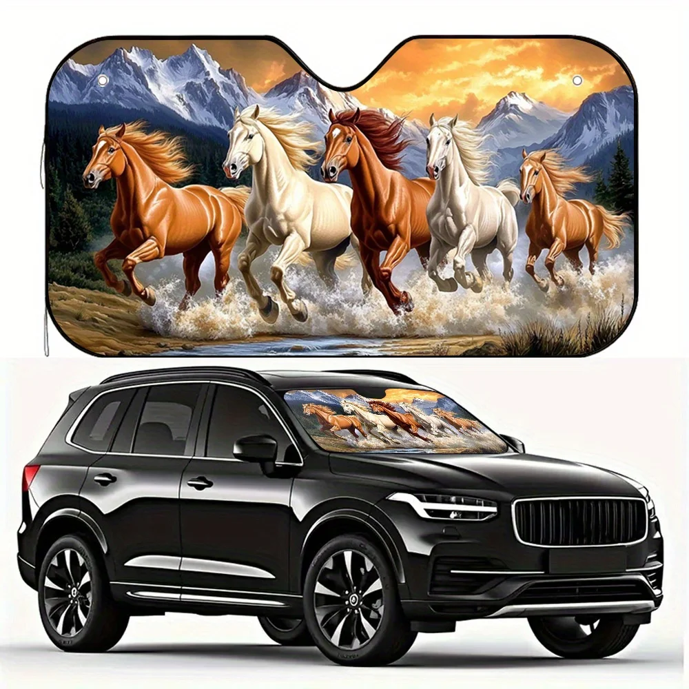 1pc 2D Flat Galloping Snow-Capped Mountains And Horses Print Car Sunshade – Foldable & Easy To Install, Keeps Your Vehicle Cool,