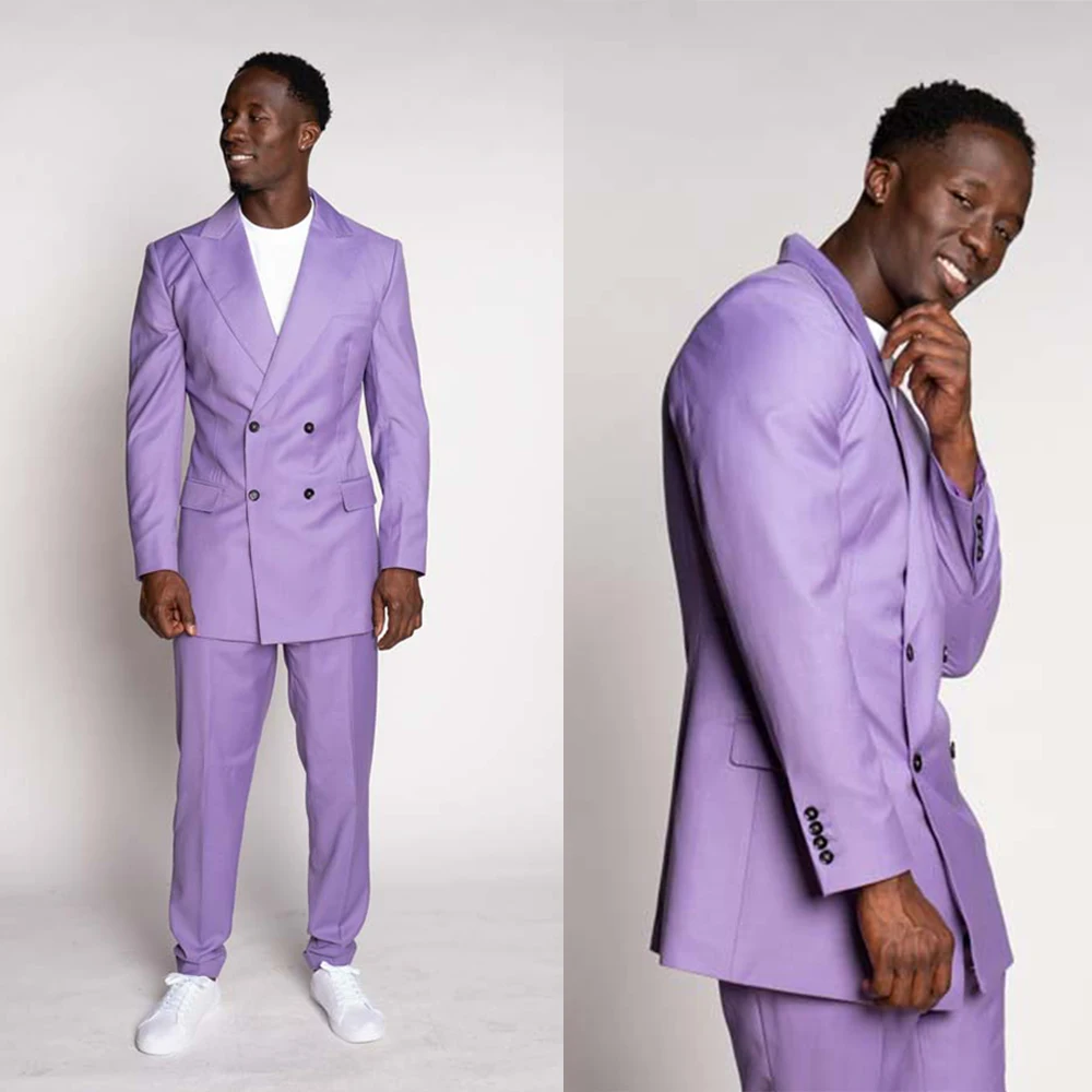 

Noble Purple Wedding Tuxedos Peaked Lapel Mens Double Breasted Suits Men Prom Party Outfit (Jacket+Pants)