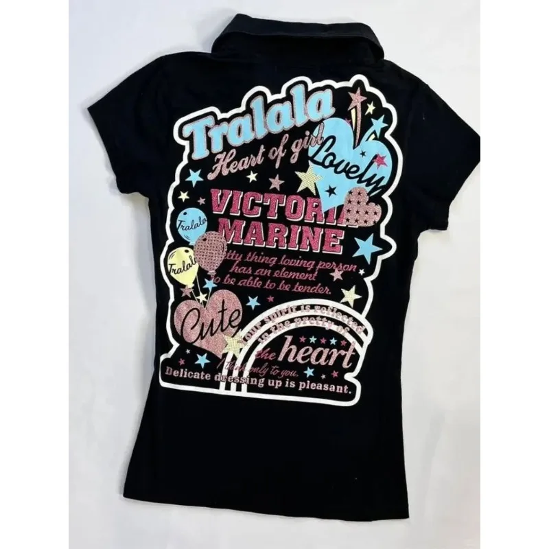 빈티지 폴로 칼라 슬림핏 티셔츠 여성 여름 Y2K 레트로 밀레니엄 고딕 반팔 탑 스트릿웨어 하라주쿠 2000년대 의상