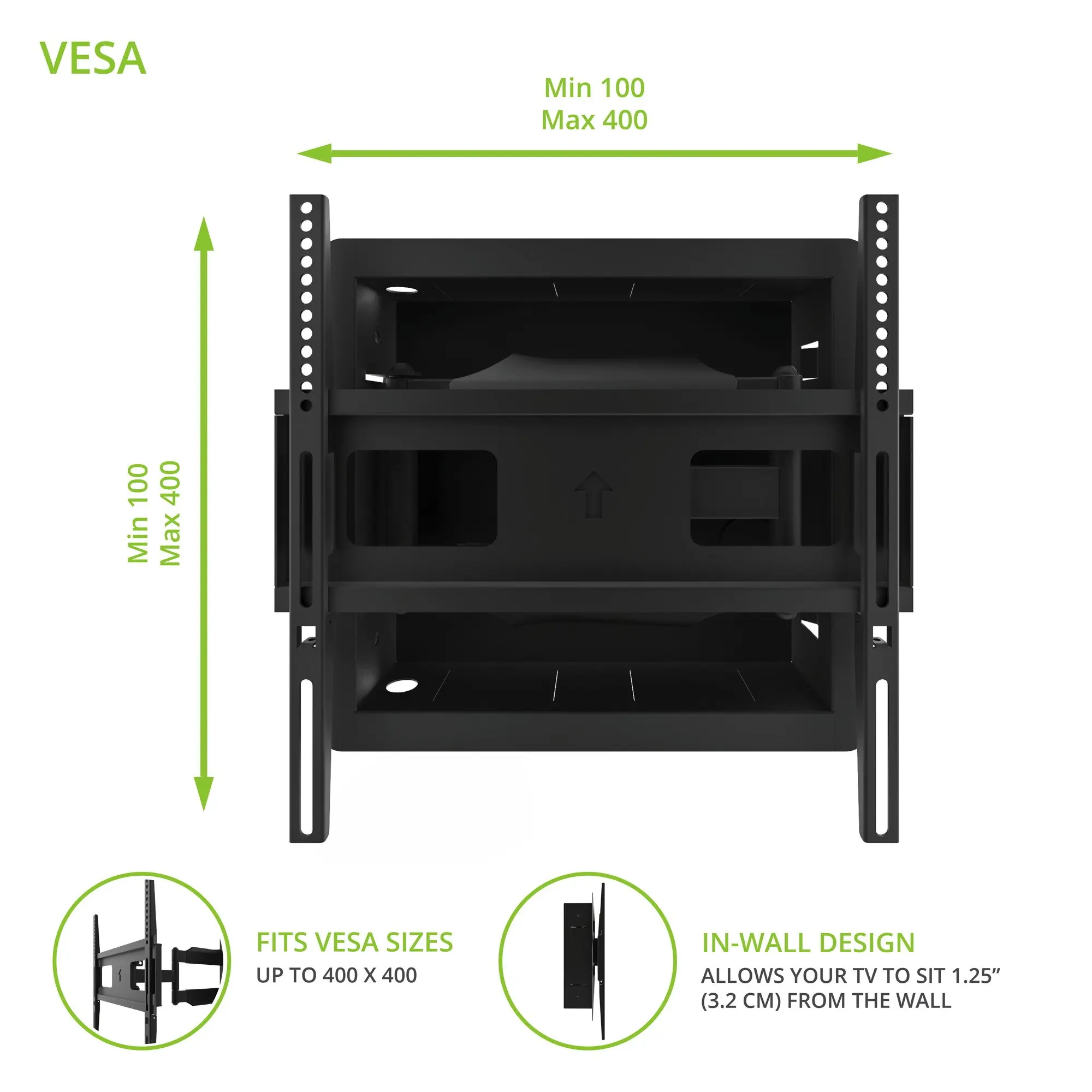 R300 Recessed In-Wall Full Motion Articulating TV Mount for 32-inch to 55-inch TVs | Ultra Low Profile | Swivel and