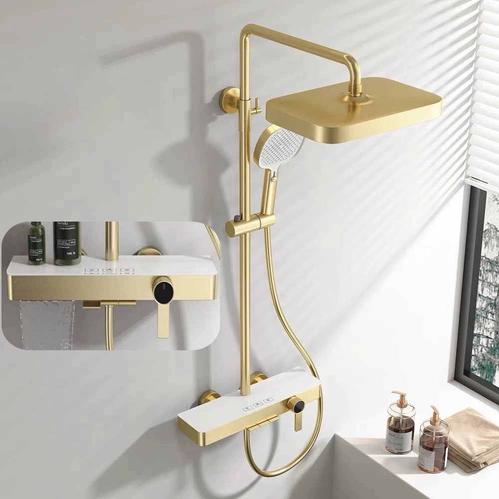 Hot Cold Bathroom Shower System Sprinkler Brushed Rose Gold Piano Bathroom Shower Set 12 Inch Rainfall Round Shower Head Faucets