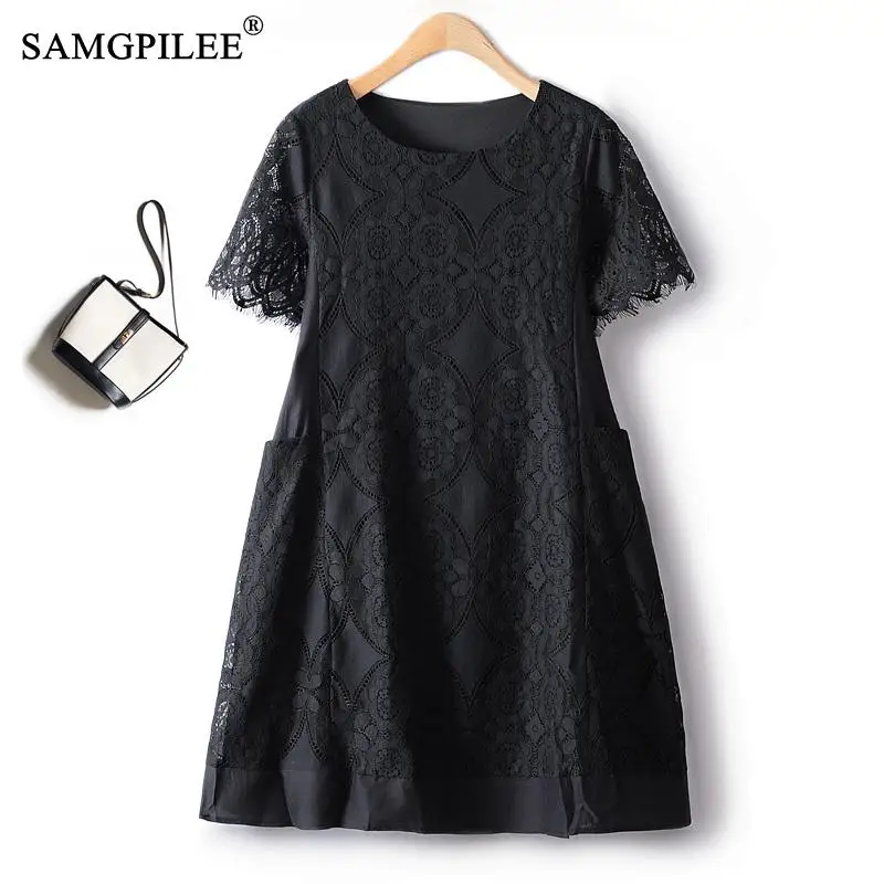 

European Station Women's Dresses Summer 2023 New Elegant Heavy Industry Lace Crochet A Shape Short Sleeve Slim Hepburn Dress 4XL