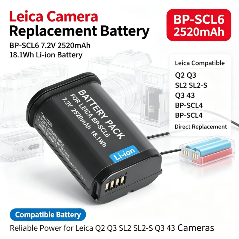 New BP-SCL6 Li-ion Camera Battery 7.2V 2520mAh 18.1Wh for Leica Q2 Q3 SL2 SL2-S Q3 43 BP-SCL4 Compatible