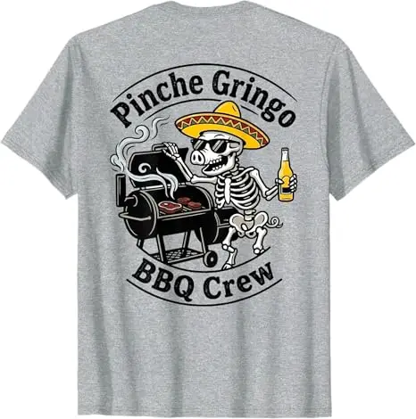 Pinche Gringo BBQ Crew Skelett-Schwein beim Grillen mit Bier (auf Rückseite) T-Shirt Y2k Kochen Smoker Grill Ästhetische Kleidung Herrenmode Tee – Detail 4