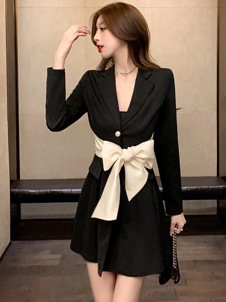 Primavera autunno elegante abito donna Blazer temperamento formale Chic Vintage Backless Slim Mini abiti Party Street Mujer Vestidos