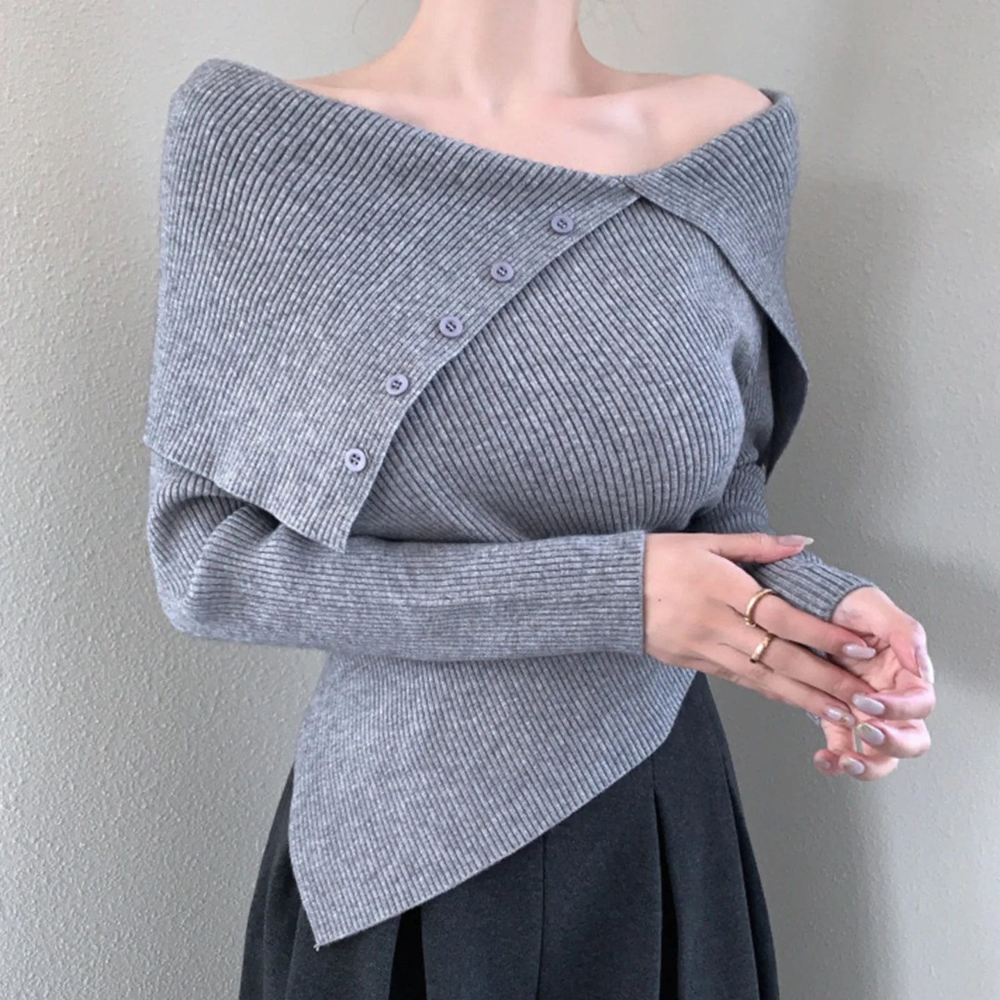 

Chic Autumn Winter Knitted Sweater oulder Bared One oulder Turn-down Collar Irregular Design Vintage Sle Women's Faion