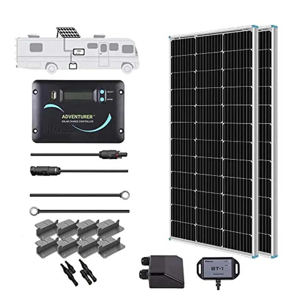 200W 12V Monocrystalline Solar Panel Kit RV Green house Corrosion-resistant LCD PWM Charge Controller Mounting Brackets Easy