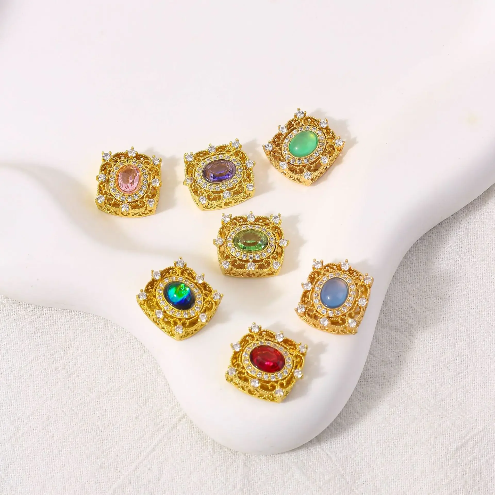 5 Pcs Copper Gold-plated Inlaid Colored Crystal Hollow Spacer Beads DIY Pearl Bracelet Necklace Hand String Jewelry Accessories