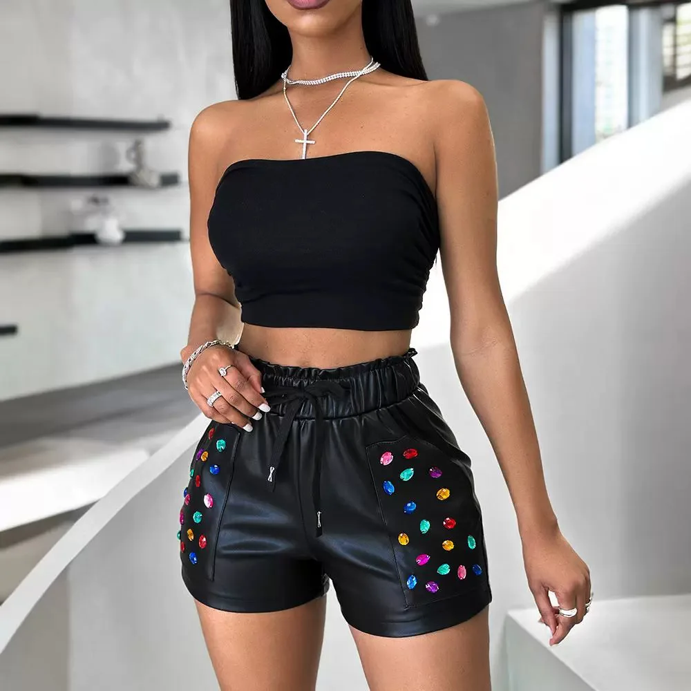 

PU Leather Shorts Women 2024 Summer New Fashion Versatile Casual Colorful Rhinestone Y2k Half Pants for Female Streetwear