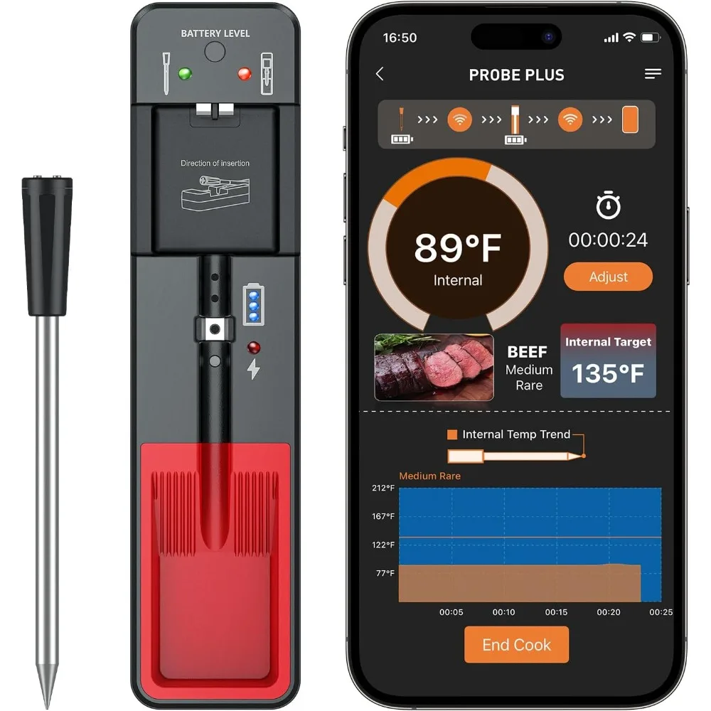 Termómetro Digital inalámbrico para carne, dispositivo inteligente para cocinar y asar a la parrilla, con Bluetooth, 360 pies