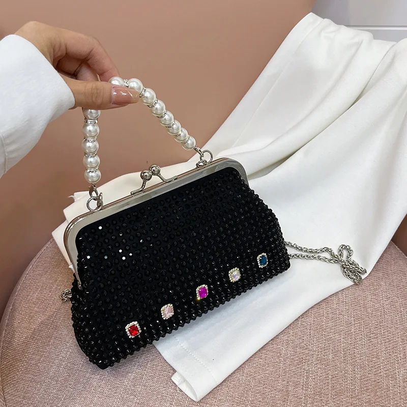 Luxury Diamonds Designer Women Pearl Handbags Shinny Rhinestone Shoulder Crossbody Bags for Ladies Gemstone Evening Party Purse