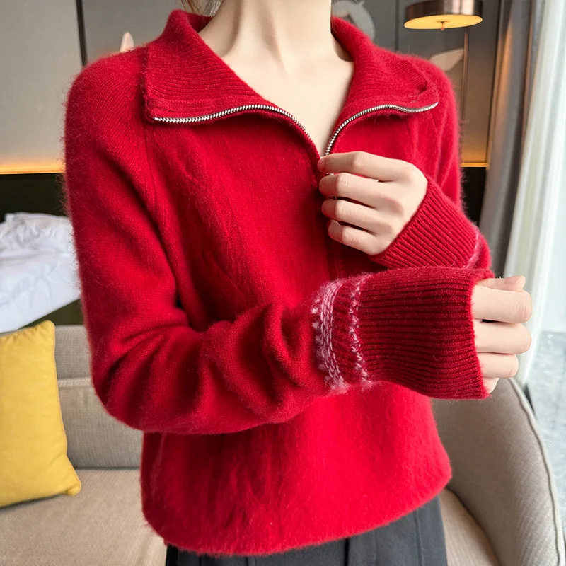 Gestrickter Damen-Reverspullover aus 100 % australischer Wolle, bequem und vielseitig, langärmelig für Damen im Herbst und Winter