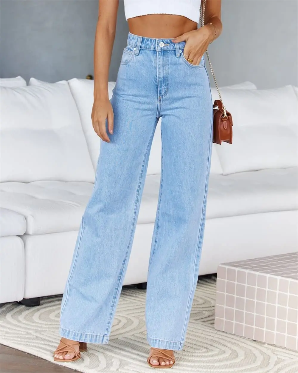 Damesjeans Rechte broek Denim Wassen Hoge taille Losse pasvorm Zakken Knop Basics Wijde pijpen broek Effen kleur 2024 Casual