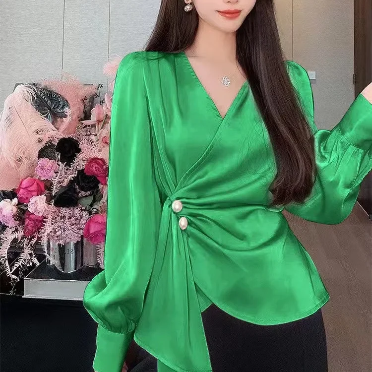 Gagarich French V-neck Design Irregular Beading Ruffled Edges Women Blouse Spring 2024 New Fashion Unique Temperament Top