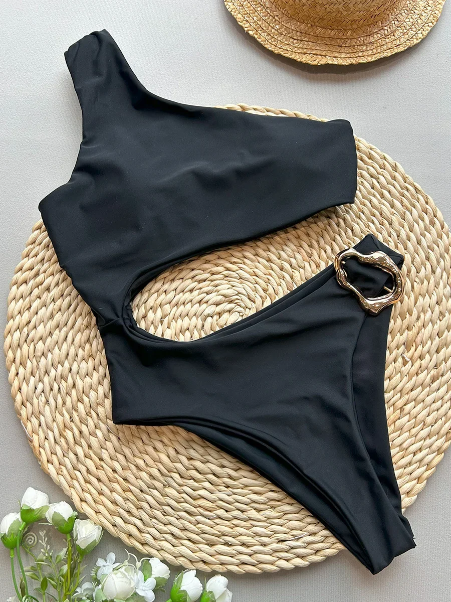 Asymmetric One Shoulder Metal Ring Women Swimwear One Piece Swimsuit Female High Cut Monokini Bather Bathing Suit Swim Beachwear