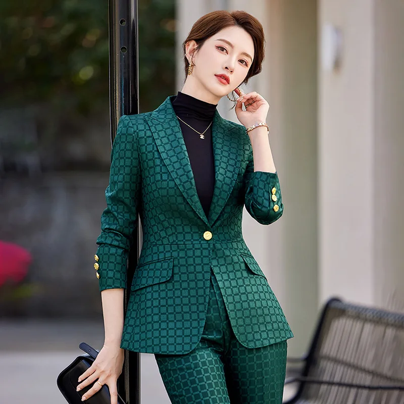 Fashion Business Women Work Wear Spring New High Quality Plaid Blazer and FLARE PANTS Suit Shows Calm Capable Temperament