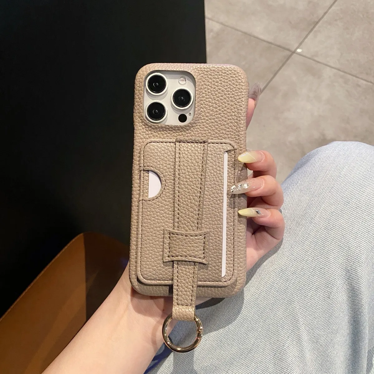 

Litchi Pattern Pu Leather Wallet Case For Iphone 16 15 14 Plus 13 12 11 Pro Max Gray Card Holder Wrist Strap Cover Funda