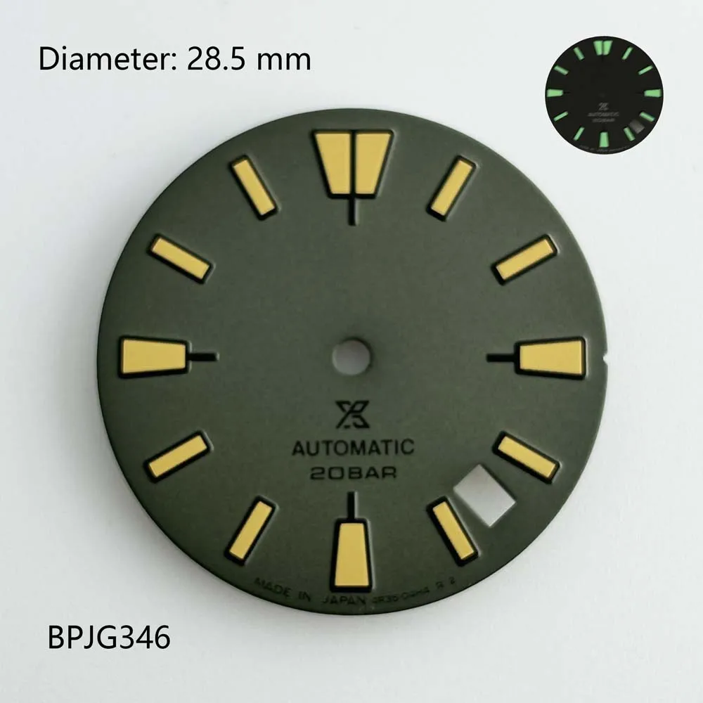 28.5mm hijau bercahaya 4.2 inci kalender tunggal literal NH35 aksesoris jam tangan pria aksesoris dial jam