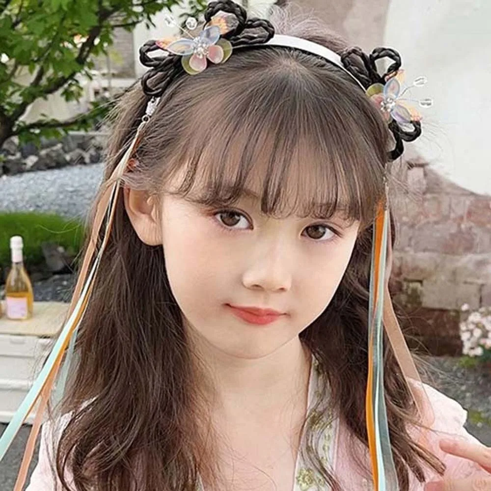 

Chinese Style Butterfly Ribbon Headband Tassel Beads Girls Hanfu Headwear Bow Exquisite Embroidery Hair Bands for Children