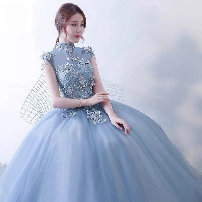 

Elegant Blue High Neck Quinceanera Dresses Backless Sleeveless Lace Tulle Ball Gown Floor-length Appliques Vestido De Debutante