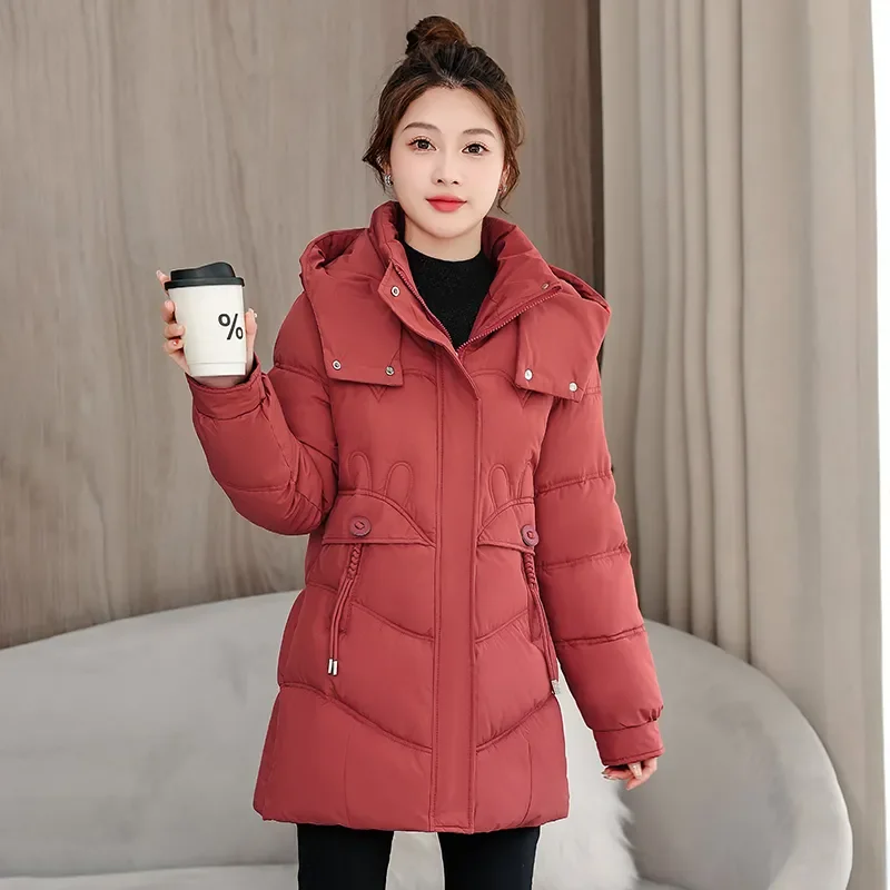 2025 New Winter Coat Women Parkas Casual Clothing Jacket Hooded Parka Thick Black Red Snow Outerwear Female Cardigan