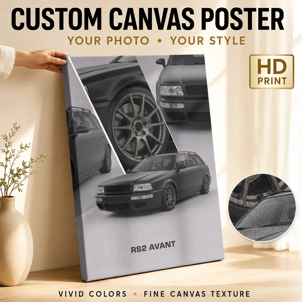 Black Sleek German RS2 Avant Car Framed Canvas Poster Customized Photo Dynamic Illustration Style Canvas Wall Art Garage Decor
