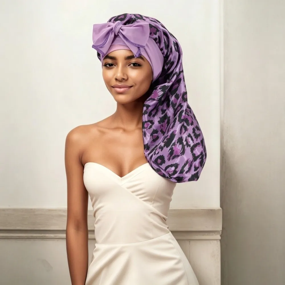 Satin Material Silk Hair Bonnet Bowknot Design Wide Elastic Band Night Sleep Cap Long Style Leopard Print Hair Protector Bonnet