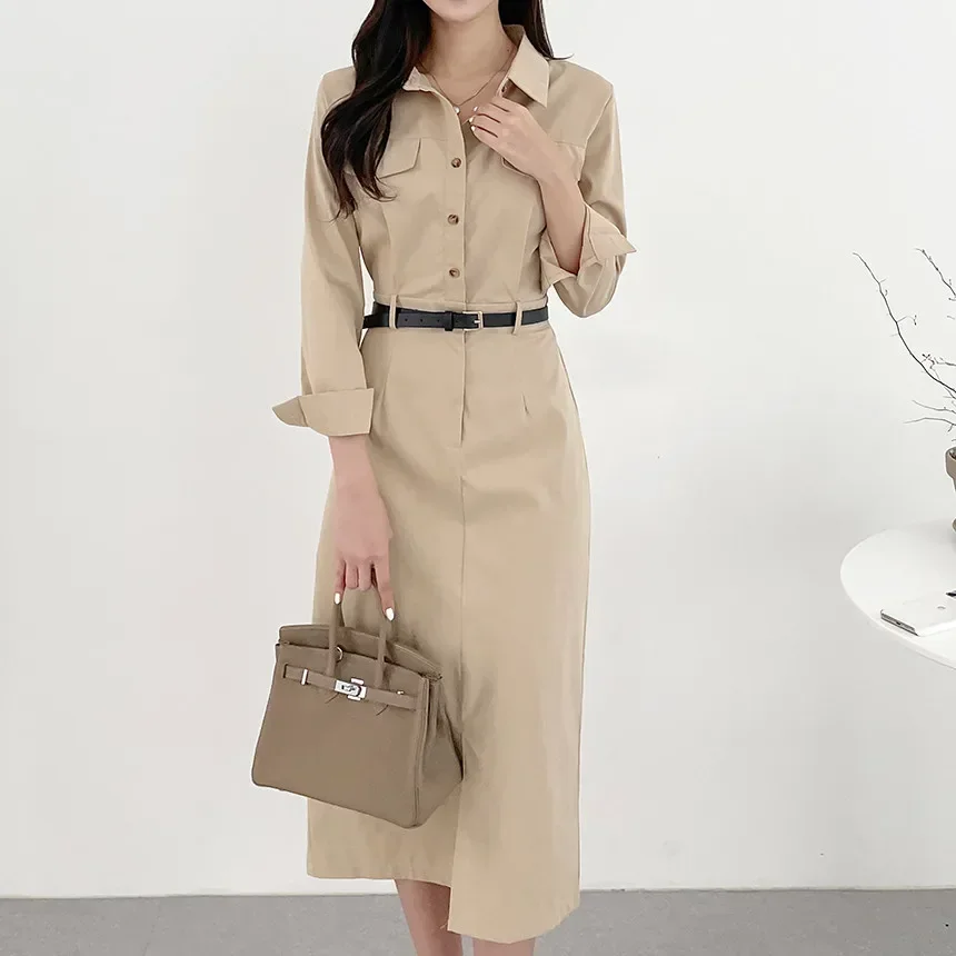 REALEFT Autumn Winter Vintage Women\'s Straight Midi Dresses with Belted 2024 New Long Sleeve Single Breasted Shirt Dress Female